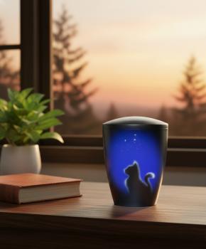 Preview: Dark blue pet urn with cat and starry sky silhouette. A calming, dignified keepsake for your beloved darling. Create a stylish memorial at home – order yours today.